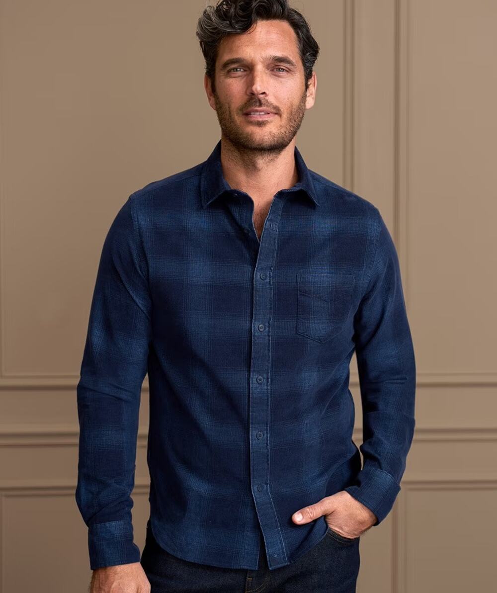 UNTUCKit Winfield Corduroy Button Up Shirt Sz Large Slim Fit – Blue Plaid Ombré